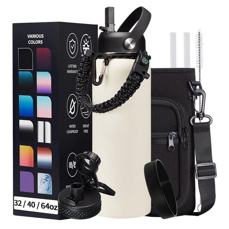 32Oz 40Oz 64OZ 128Oz Vacuum Insulated Water Bottle - Keep Hot Cold Vacuum Flasks with Straw & Spout Lids, Paracord Handle, Water Bottler Carrier Holder & Protective Cup Mat, 1.8L Stainless Steel Water Jug Vacuum Insulated