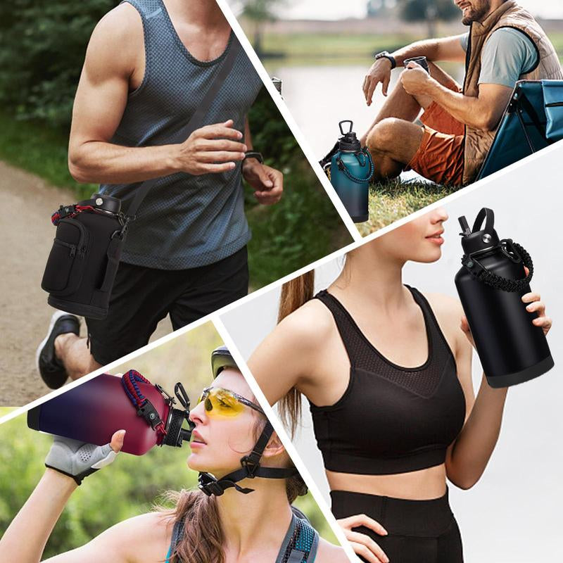 32Oz 40Oz 64OZ 128Oz Vacuum Insulated Water Bottle - Keep Hot Cold Vacuum Flasks with Straw & Spout Lids, Paracord Handle, Water Bottler Carrier Holder & Protective Cup Mat, 1.8L Stainless Steel Water Jug Vacuum Insulated