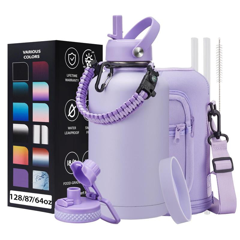 32Oz 40Oz 64OZ 128Oz Vacuum Insulated Water Bottle - Keep Hot Cold Vacuum Flasks with Straw & Spout Lids, Paracord Handle, Water Bottler Carrier Holder & Protective Cup Mat, 1.8L Stainless Steel Water Jug Vacuum Insulated