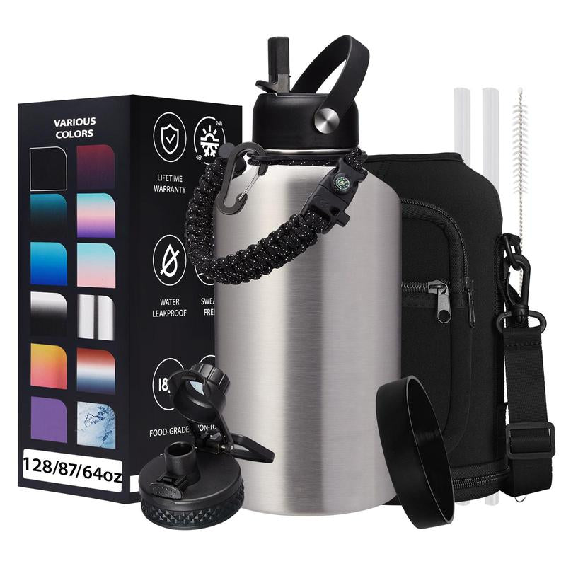 32Oz 40Oz 64OZ 128Oz Vacuum Insulated Water Bottle - Keep Hot Cold Vacuum Flasks with Straw & Spout Lids, Paracord Handle, Water Bottler Carrier Holder & Protective Cup Mat, 1.8L Stainless Steel Water Jug Vacuum Insulated
