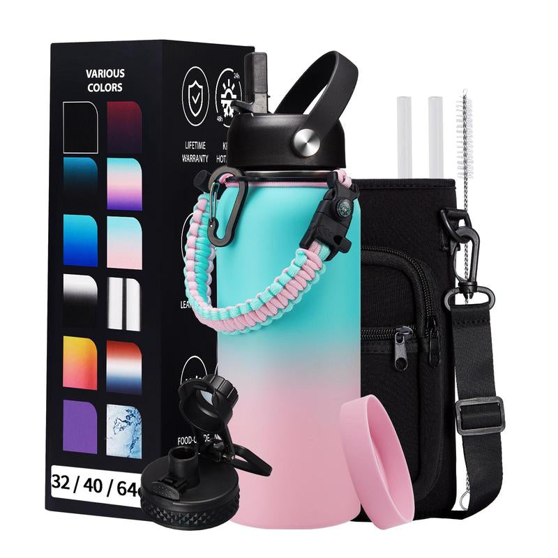 32Oz 40Oz 64OZ 128Oz Vacuum Insulated Water Bottle - Keep Hot Cold Vacuum Flasks with Straw & Spout Lids, Paracord Handle, Water Bottler Carrier Holder & Protective Cup Mat, 1.8L Stainless Steel Water Jug Vacuum Insulated