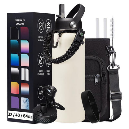 32Oz 40Oz 64OZ 128Oz Vacuum Insulated Water Bottle - Keep Hot Cold Vacuum Flasks with Straw & Spout Lids, Paracord Handle, Water Bottler Carrier Holder & Protective Cup Mat, 1.8L Stainless Steel Water Jug Vacuum Insulated