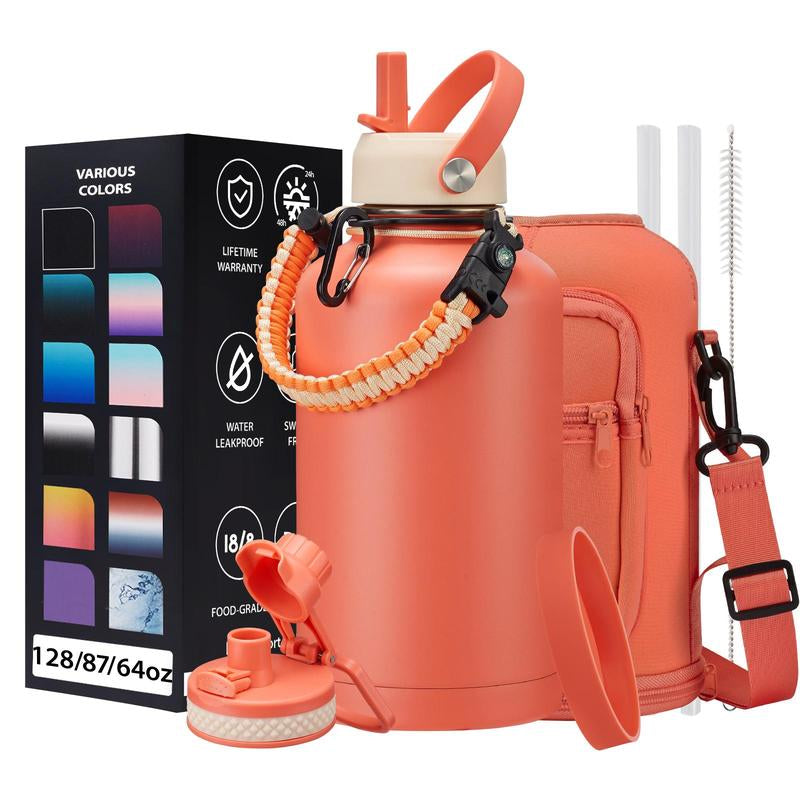 32Oz 40Oz 64OZ 128Oz Vacuum Insulated Water Bottle - Keep Hot Cold Vacuum Flasks with Straw & Spout Lids, Paracord Handle, Water Bottler Carrier Holder & Protective Cup Mat, 1.8L Stainless Steel Water Jug Vacuum Insulated