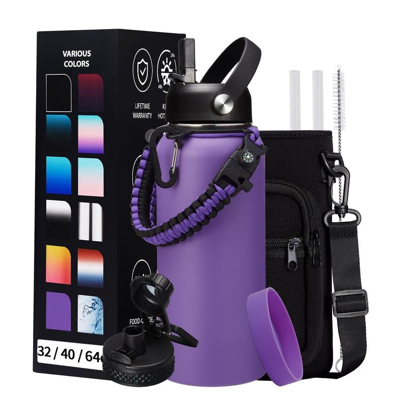 32Oz 40Oz 64OZ 128Oz Vacuum Insulated Water Bottle - Keep Hot Cold Vacuum Flasks with Straw & Spout Lids, Paracord Handle, Water Bottler Carrier Holder & Protective Cup Mat, 1.8L Stainless Steel Water Jug Vacuum Insulated