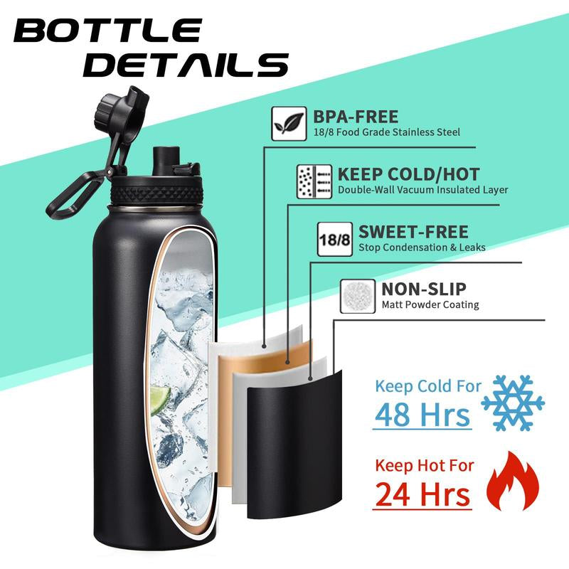 32Oz 40Oz 64OZ 128Oz Vacuum Insulated Water Bottle - Keep Hot Cold Vacuum Flasks with Straw & Spout Lids, Paracord Handle, Water Bottler Carrier Holder & Protective Cup Mat, 1.8L Stainless Steel Water Jug Vacuum Insulated