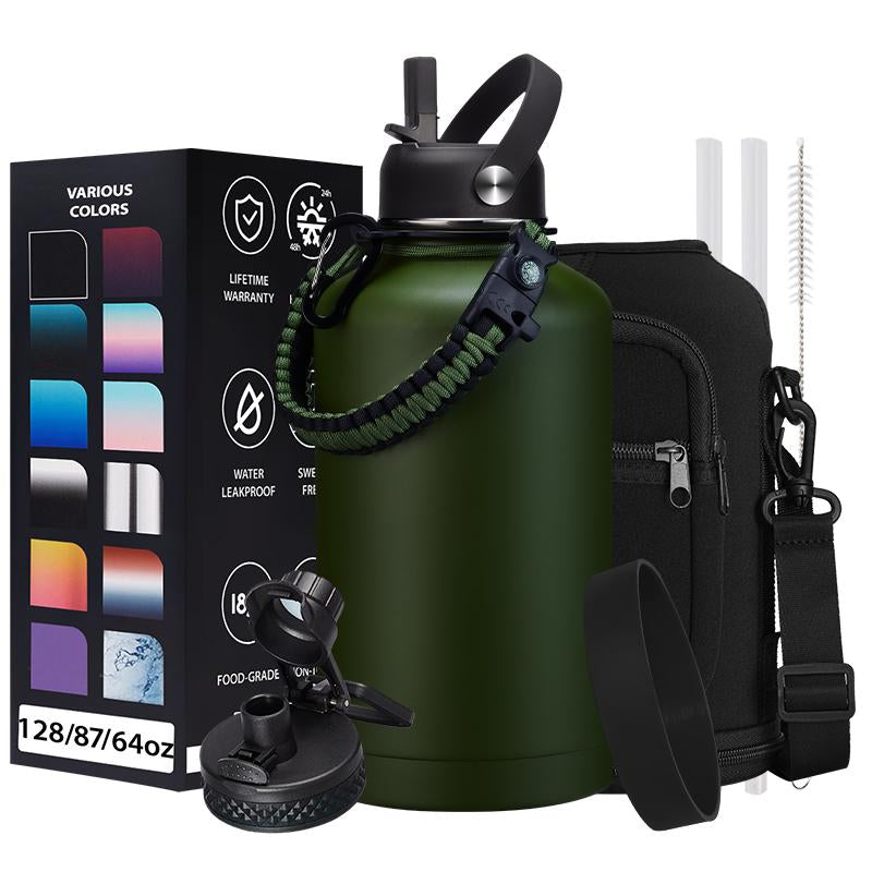 32Oz 40Oz 64OZ 128Oz Vacuum Insulated Water Bottle - Keep Hot Cold Vacuum Flasks with Straw & Spout Lids, Paracord Handle, Water Bottler Carrier Holder & Protective Cup Mat, 1.8L Stainless Steel Water Jug Vacuum Insulated