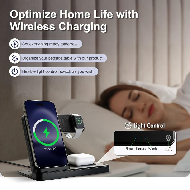 Portable Wireless Charging Station 3-In-1 15W Fast Charger Stand for Iphone, Iwatch Ultra, Airpods, and More - Smart and Safe Charging Solution Wireless Charger Stand